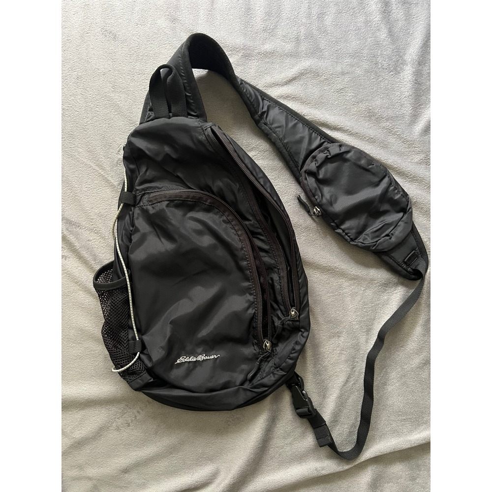 Eddie Bauer Black Ripstop Nylon Crossbody Sling Bag Backpack Padded Strap Tech